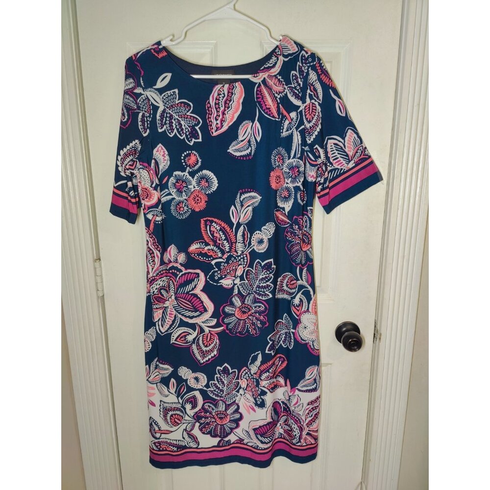 Liz Claiborne Navy Blue Peach‎ Floral Short Sleeve Midi Shift Stretch Dress 12
